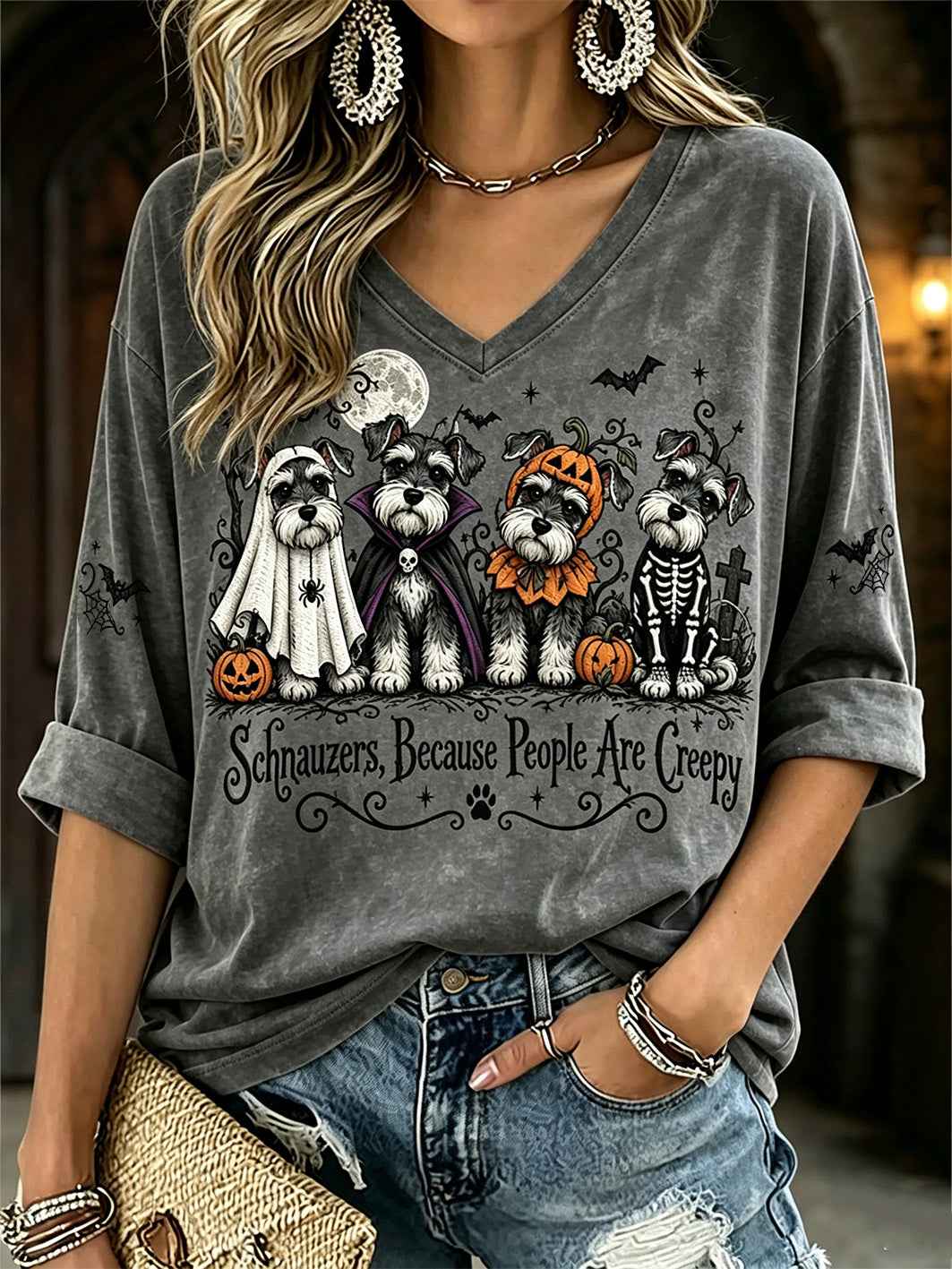 Women's Halloween Dog Design Casual Mid-length Sleeves v-Neck T-shirt