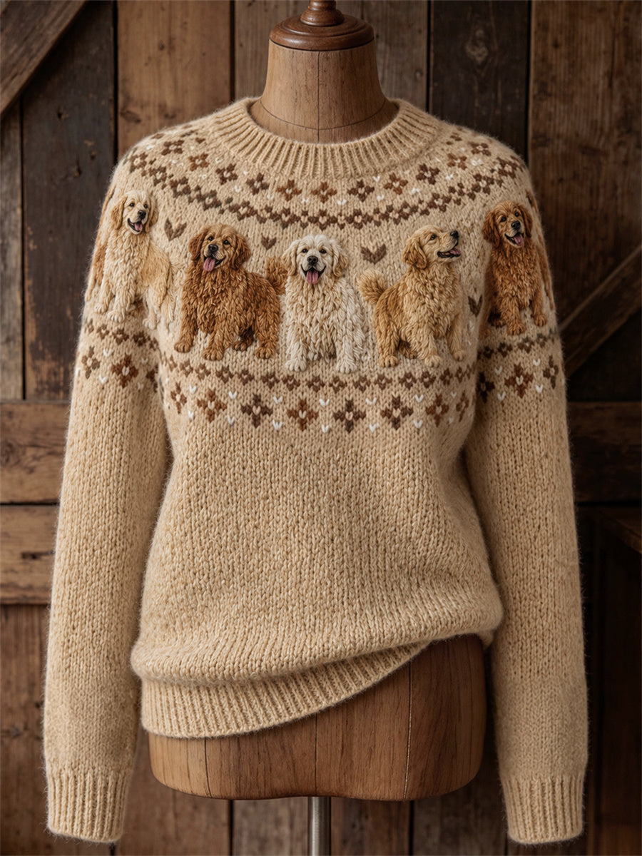 Women's Vintage Golden Retriever Dogs Yoke Isle Print crew neck sweater gracestitchs