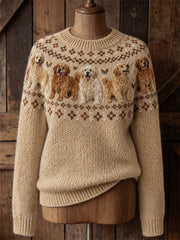 Women's Vintage Golden Retriever Dogs Yoke Isle Print crew neck sweater gracestitchs