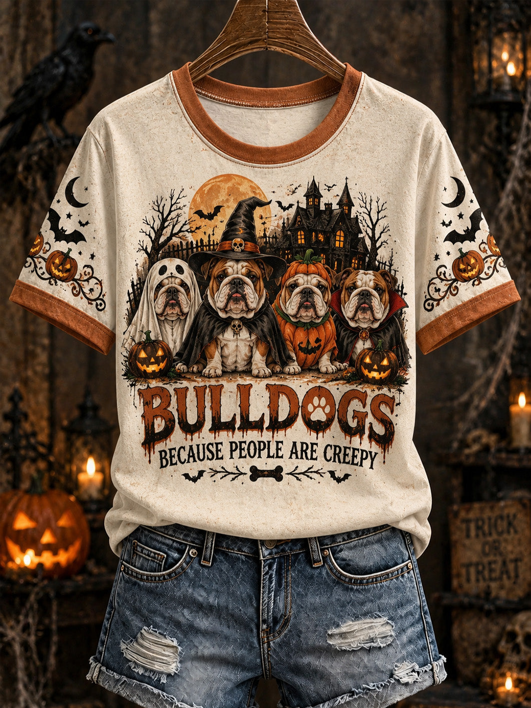 Women's Halloween Dog Pattern Design Casual Short Sleeve T-shirt gracestitchs