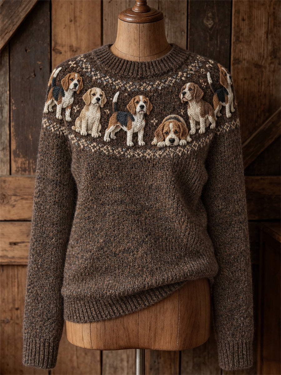 Women's Vintage Beagle Dogs Yoke Isle Print crew neck sweater gracestitchs