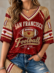 Women's Football Gameday Gift For Football Fans Mid-length Sleeves V-Neck T-Shirt gracestitchs