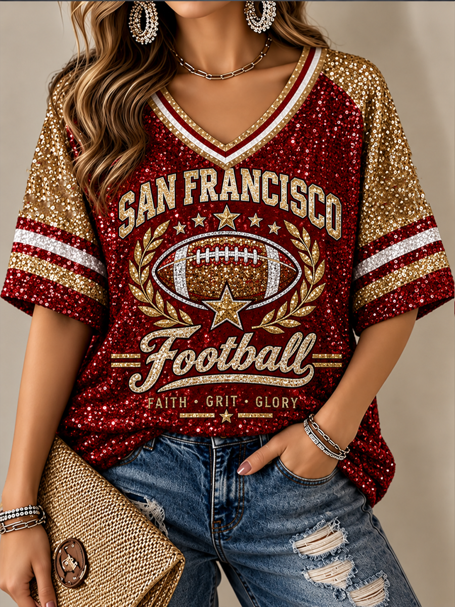 Women's Football Gameday Gift For Football Fans Mid-length Sleeves V-Neck T-Shirt gracestitchs