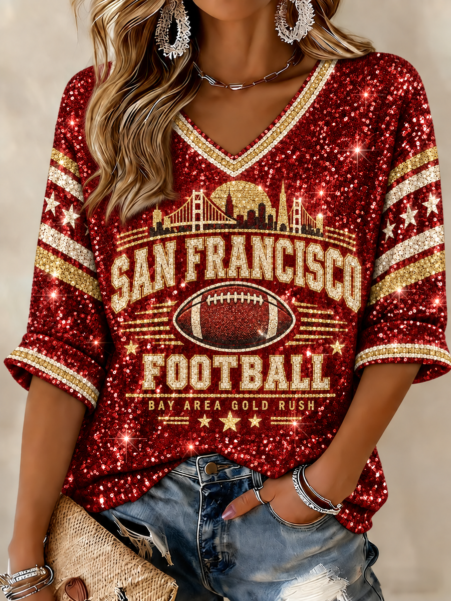 Women's Football Gameday Gift For Football Fans Mid-length Sleeves V-Neck T-Shirt gracestitchs