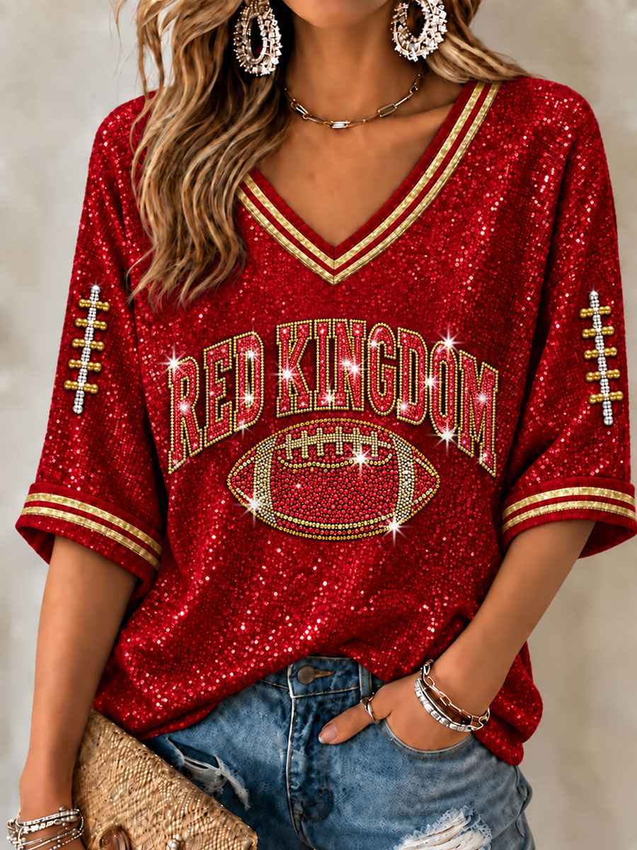 Women's Red Kingdom Mid-length Sleeves V-Neck T-Shirt