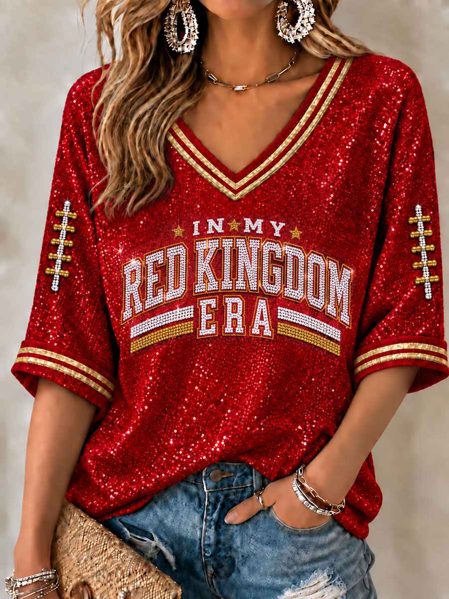 Women's Red Kingdom Mid-length Sleeves V-Neck T-Shirt