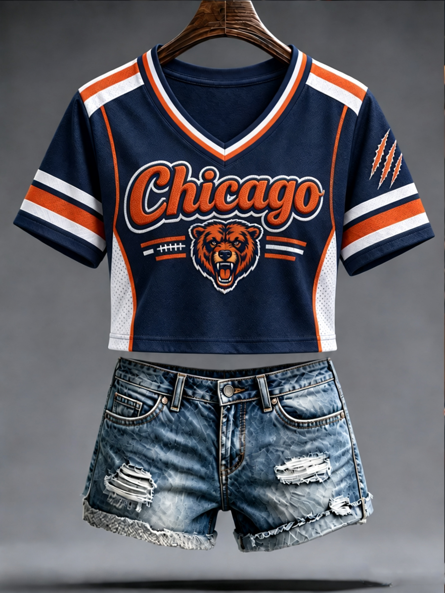 Women's Chicago Football Lover Bear Art Printed short-sleeved T-shirt gracestitchs