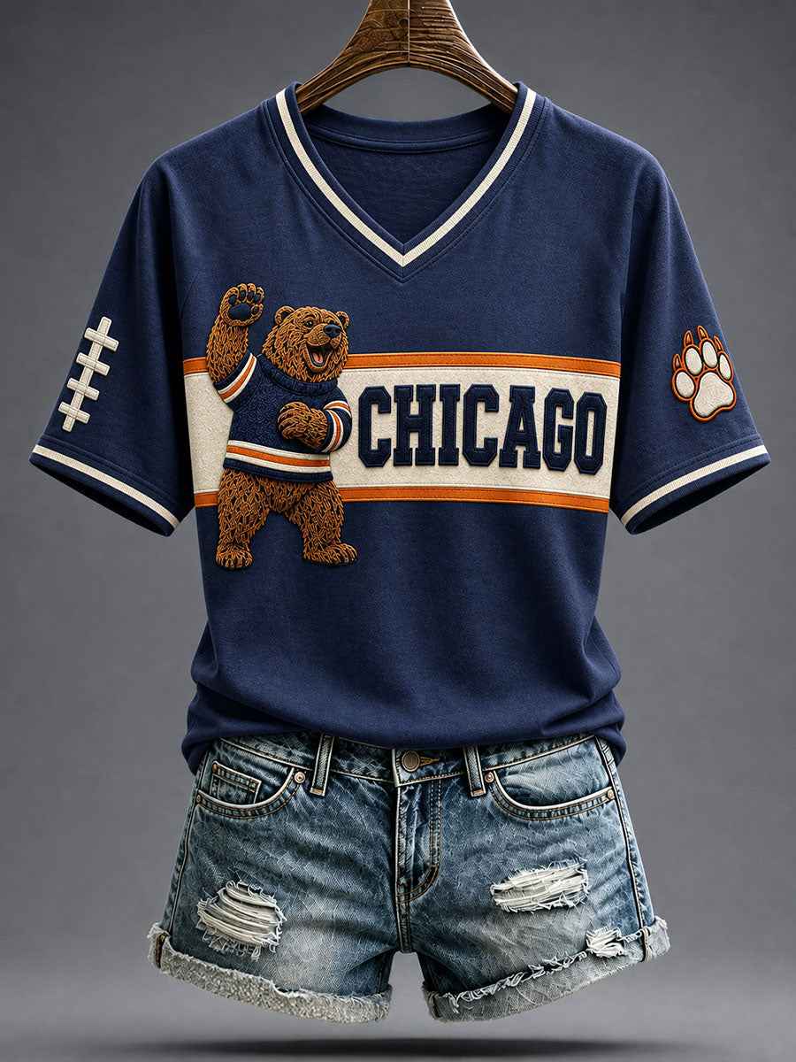 Women's Chicago Football Lover Bear Art Printed T-shirt