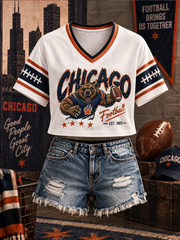 Women's Chicago Football Lover Bear Art Printed short-sleeved T-shirt gracestitchs