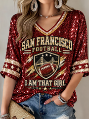 Women's San Francisco Football Lover Printed Mid-length Sleeves V-Neck T-Shirt gracestitchs