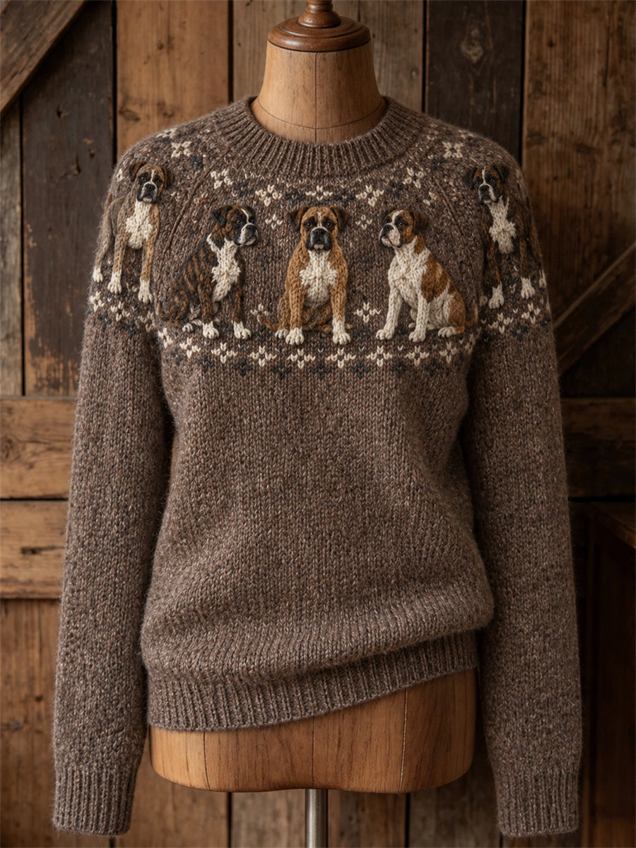 Women's Vintage Boxer Dogs Yoke Isle Print crew neck sweater gracestitchs