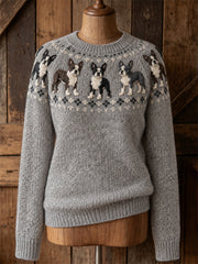 Women's Vintage Boston Terrier Dogs Yoke Isle Print crew neck sweater gracestitchs