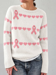 Women's Elegant Pink Ribbon Heart Print Cozy Sweater gracestitchs