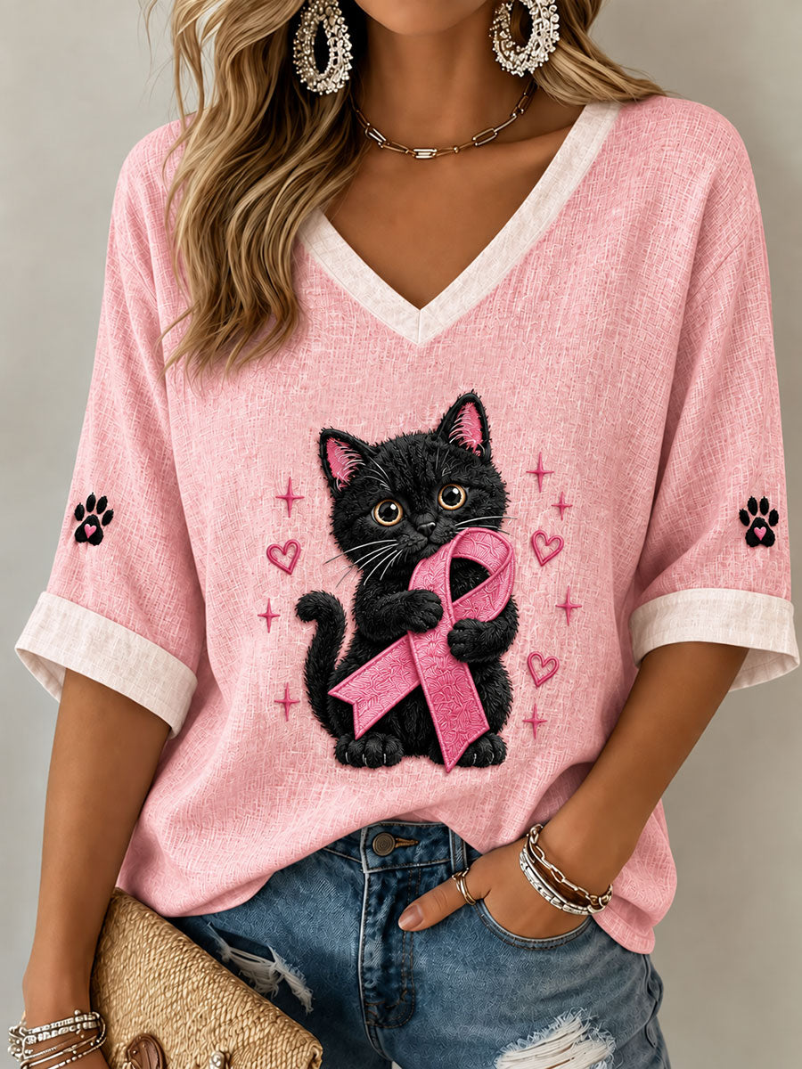 Women's Breast Cancer Black Cat Mid-length Sleeves V-Neck T-Shirt gracestitchs