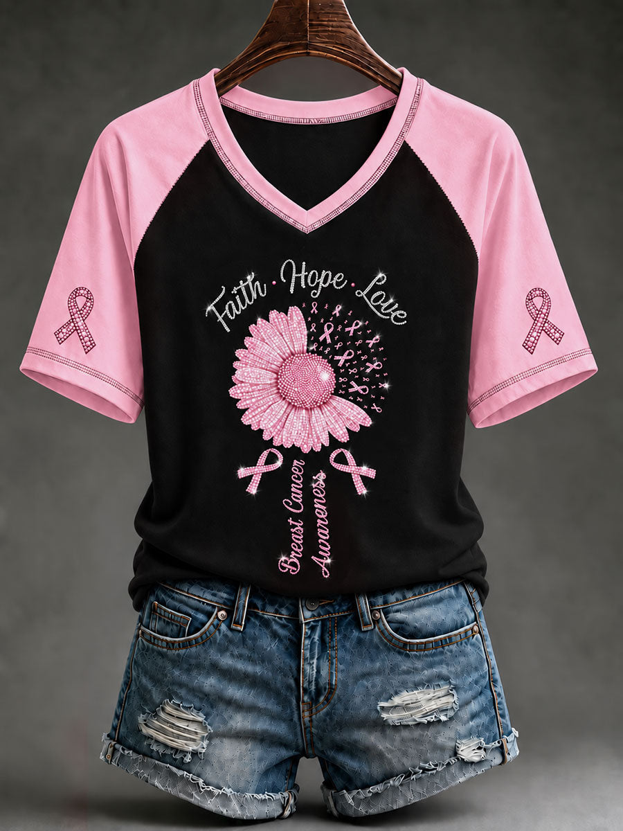 Women's Pink Rhinestone Floral Breast Cancer Awareness Short-Sleeved T-Shirt gracestitchs