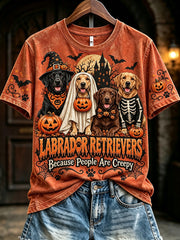 Women's Vintage Halloween Labradors Because People Are Creepy Print Short-sleeved T-shirt gracestitchs