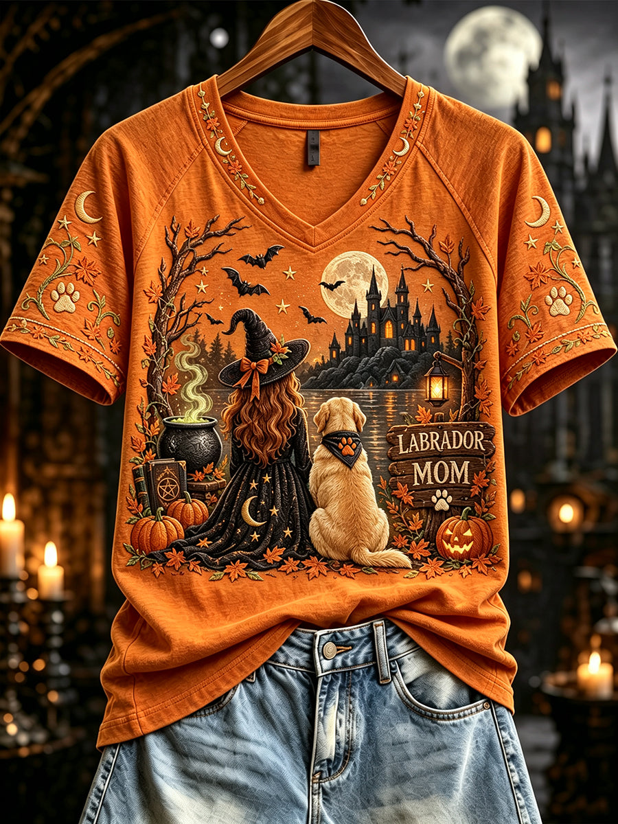 Women's Fall Halloween Labrador Witch Mom Print Short Sleeve T-Shirt gracestitchs
