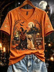 Women's Fall Halloween Labrador Witch Mom Print Short Sleeve T-Shirt gracestitchs