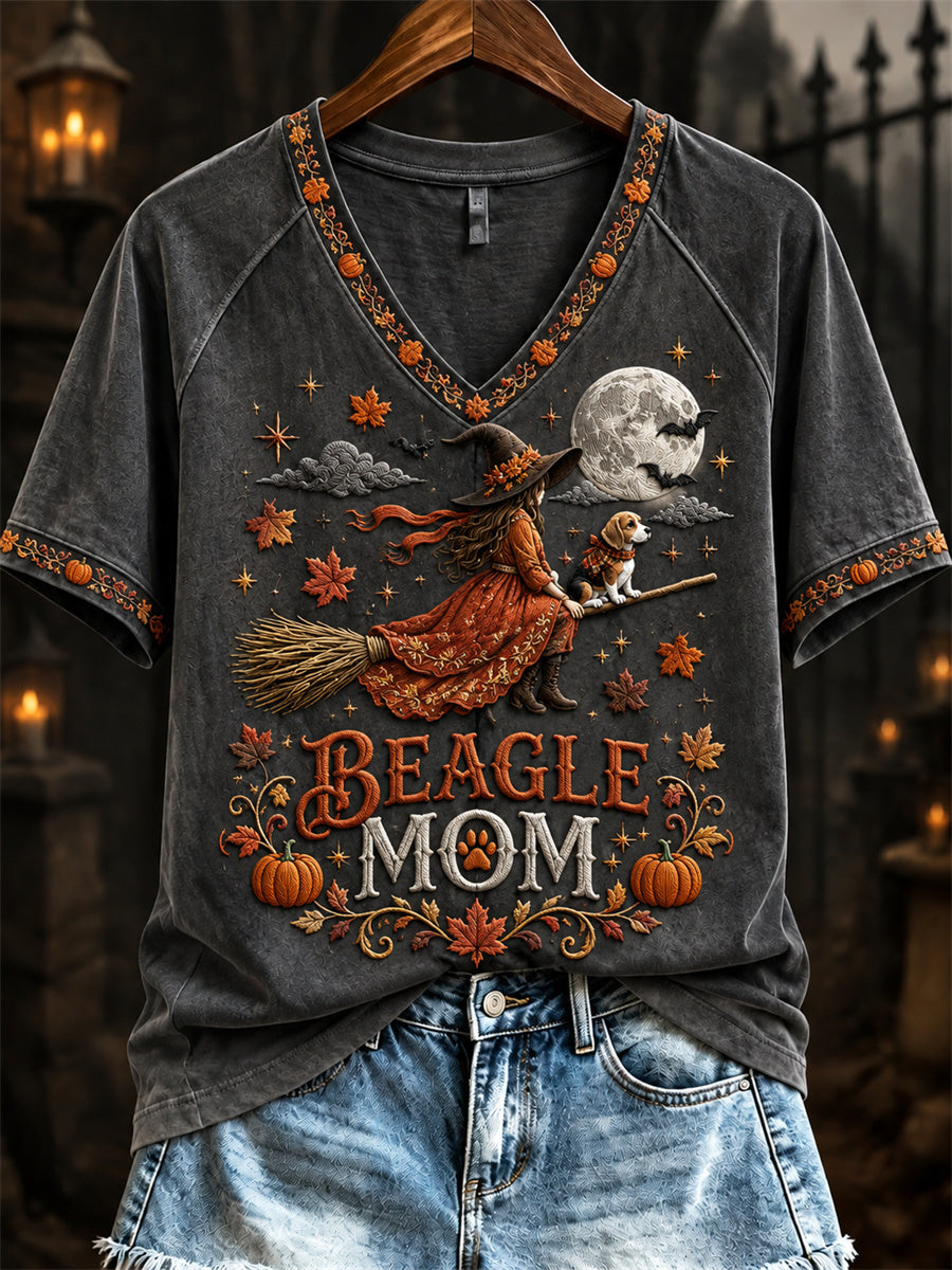 Women's Halloween Fall Beagle Mom Witch & Dog Print short-sleeved T-shirt gracestitchs