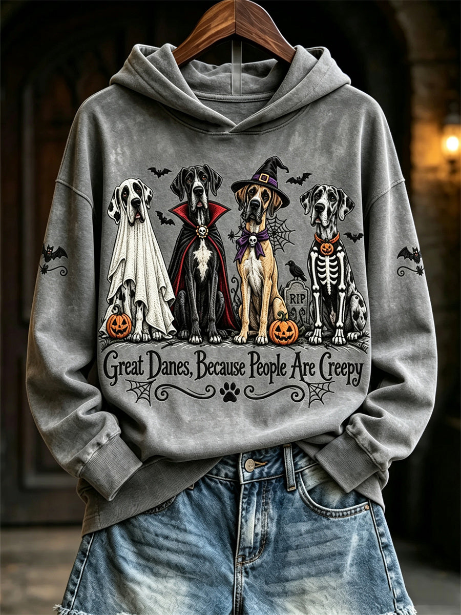 Women's Great Danes Because People Are Creepy Halloween Dogs Print Hoodie gracestitchs