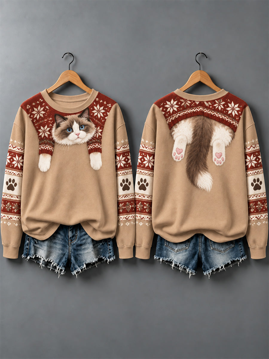 Women's Cute Cats In Autumn And Winter Print Sweatshirt gracestitchs