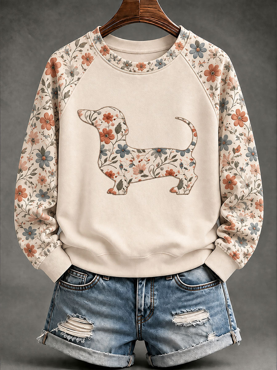 Women's Dachshund Floral Print Casual Raglan Sleeve Sweatshirt gracestitchs