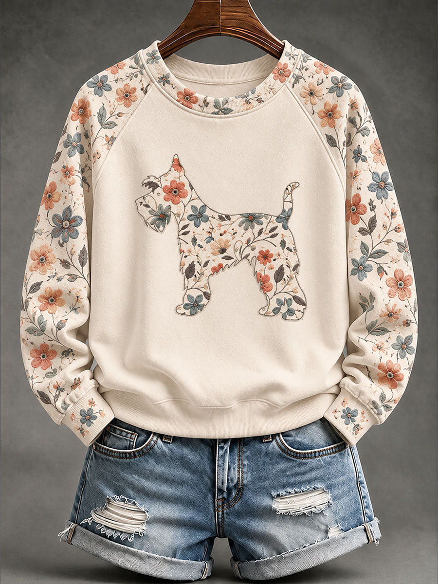 Women's Schnauzer Floral Print Casual Raglan Sleeve Sweatshirt gracestitchs
