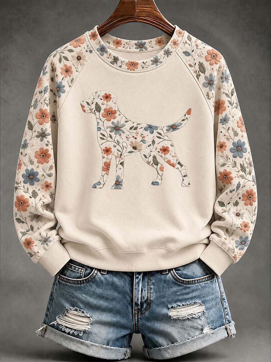 Women's Labrador Retriever Floral Print Casual Raglan Sleeve Sweatshirt gracestitchs