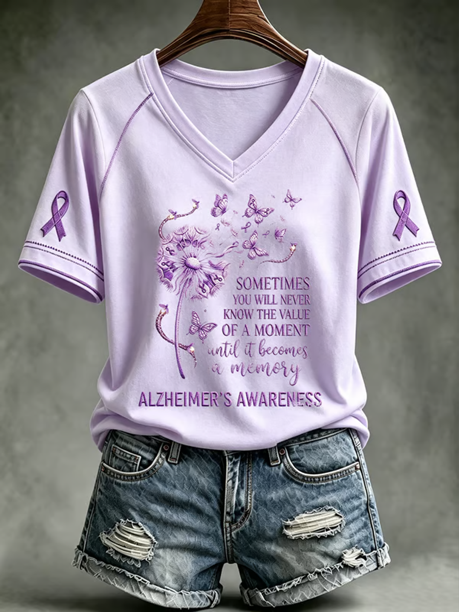 Women's Alzheimer's Awareness Purple Art Print V-neck off-shoulder short-sleeved T-shirt gracestitchs