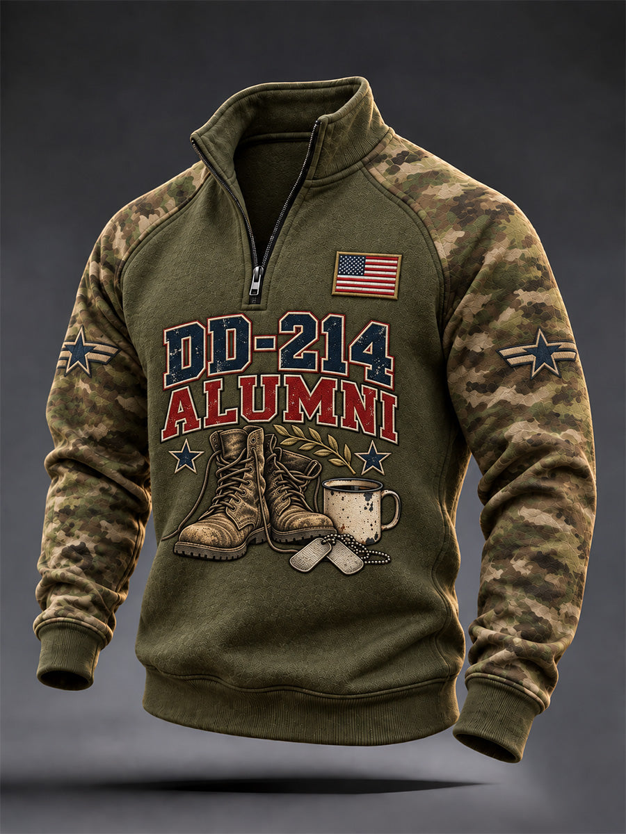 Men's Veterans Day DD-214 Alumni US Flag Camouflage Print Casual Zipper Pullover gracestitchs