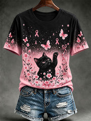 Women's Breast Cancer Awareness Cat Print Casual T-Shirt gracestitchs