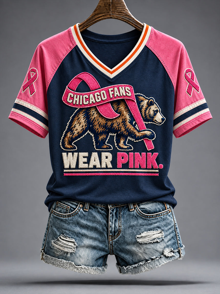 Women's Chicago Football Lover Bear Art Breast Cancer Awareness Printed T-shirt gracestitchs