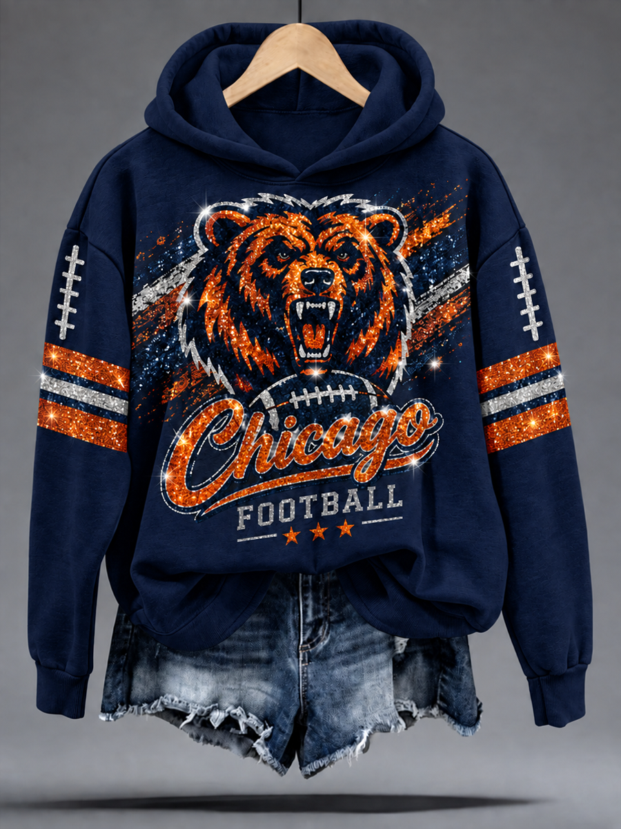 Women's Chicago Football Lover Bear Art Printed Regular Sweatshirt gracestitchs