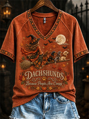 Women's Dachshunds Because People Are Creepy Fall Witch & Dogs Print short-sleeved T-shirt gracestitchs
