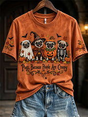 Women's Pugs Because People Are Creepy Fall Halloween Dogs Print short-sleeved T-shirt gracestitchs