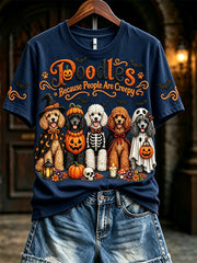 Women's Vintage Poodles Because People Are Creepy Halloween Print Short-sleeved T-shirt gracestitchs