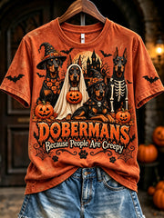 Women's Vintage Dobermans Because People Are Creepy Halloween Print Short-sleeved T-shirt gracestitchs