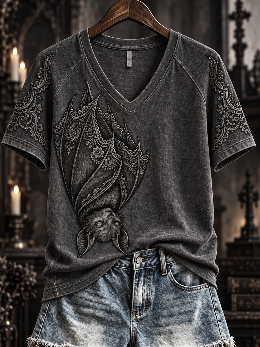 Women's Halloween Gothic Lace Bat Art Print short-sleeved T-shirt gracestitchs