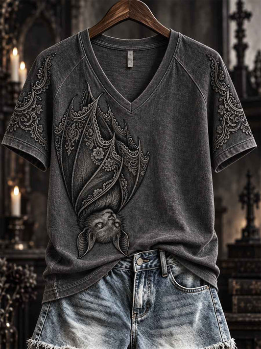 Women's Halloween Gothic Lace Bat Art Print short-sleeved T-shirt
