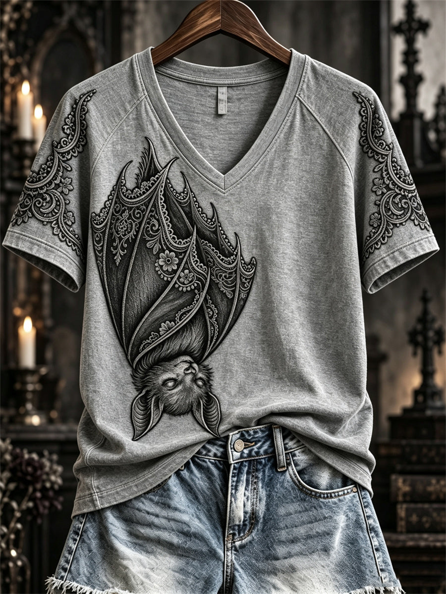 Women's Halloween Gothic Lace Bat Art Print short-sleeved T-shirt gracestitchs