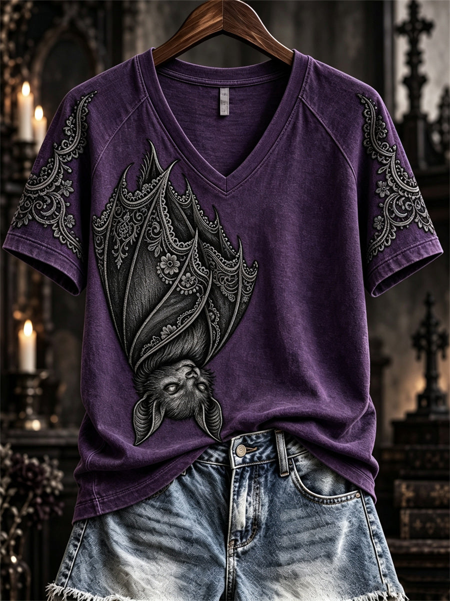 Women's Halloween Gothic Lace Bat Art Print short-sleeved T-shirt gracestitchs
