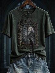 Women's Halloween Scene Gothic Window & Black Cat Print short-sleeved T-shirt gracestitchs