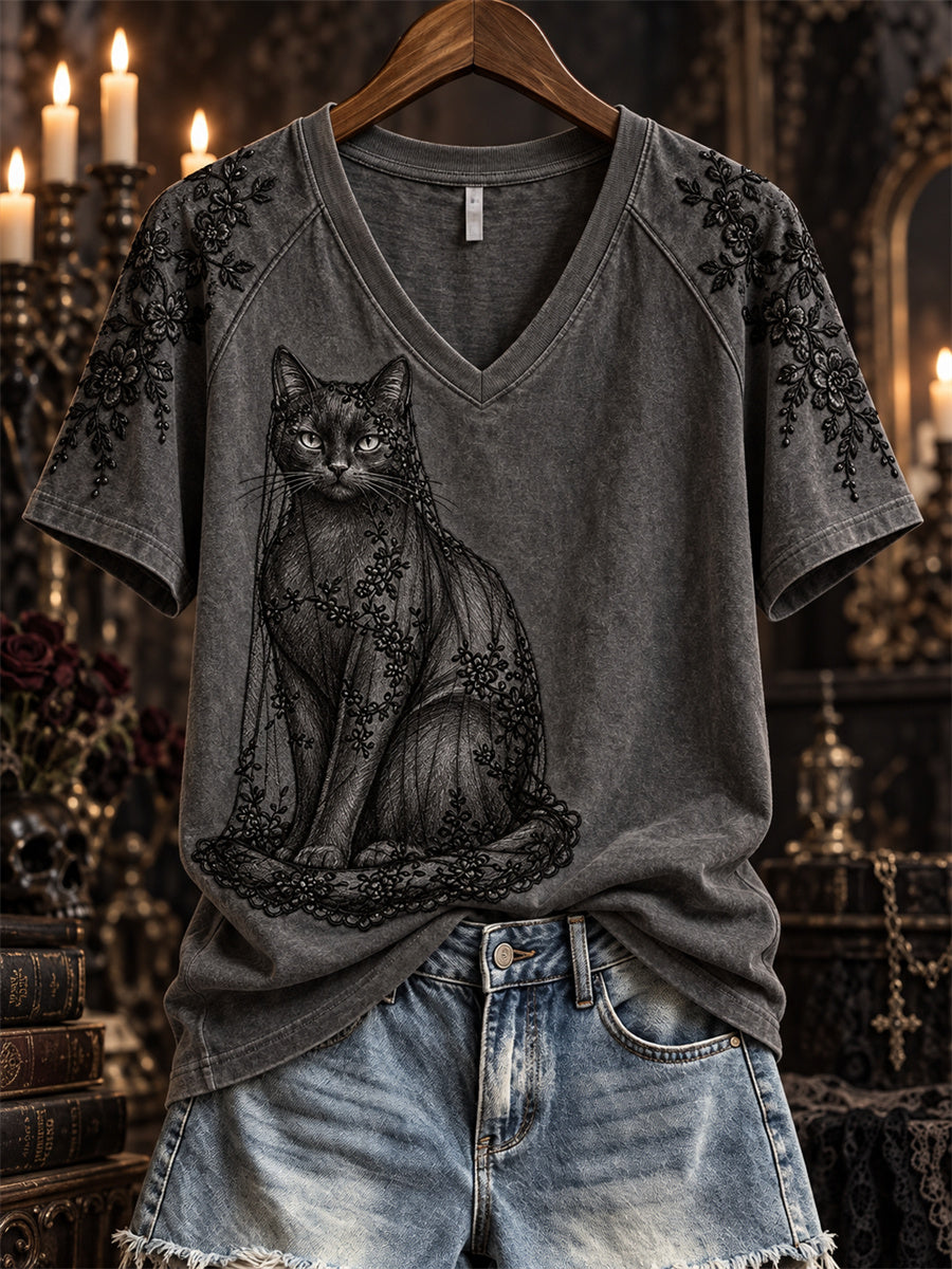 Women's Halloween Gothic Lace Veiled Black Cat Art Print short-sleeved T-shirt gracestitchs
