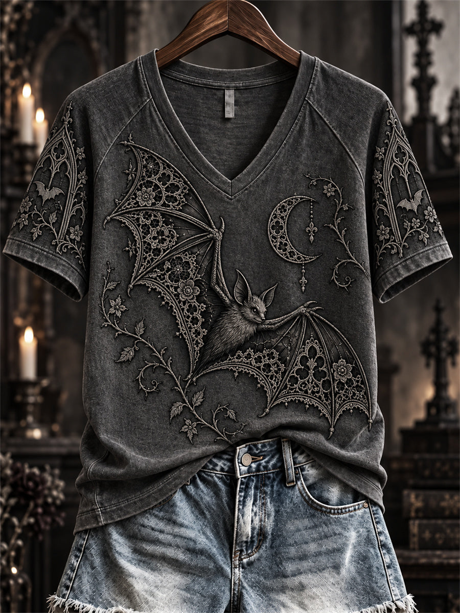 Women's Halloween Gothic Lace Bat Art Print short-sleeved T-shirt gracestitchs