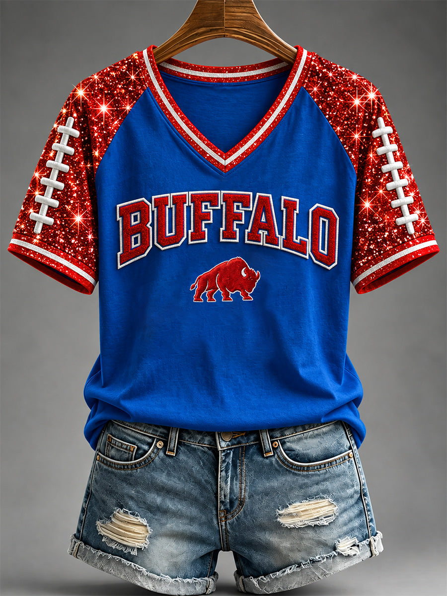Women's Football Lover Buffalo Print Casual V-Neck Tee gracestitchs