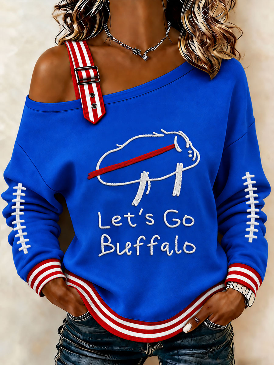 Women's Let's Go Buffalo Football Fans Lovers Gameday Casual Off-Shoulder Sweatshirt gracestitchs