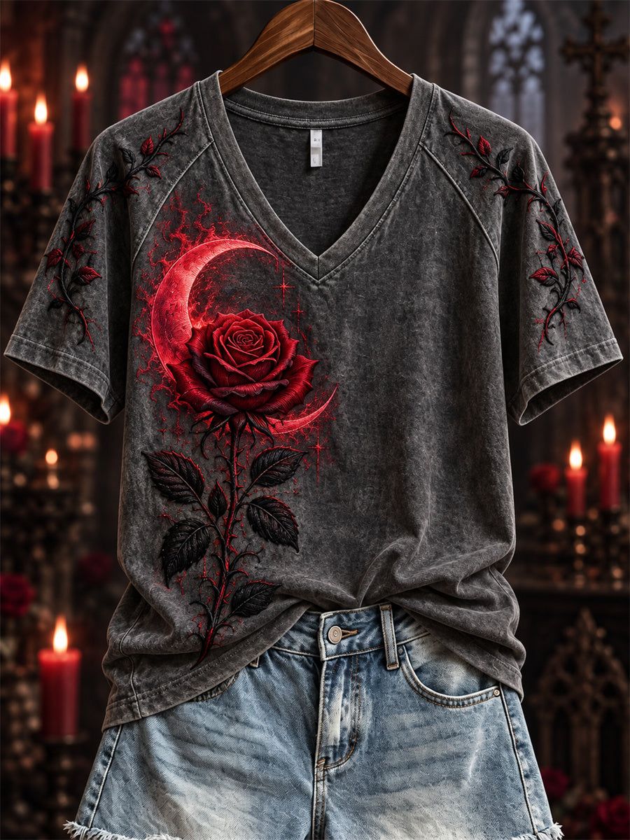 Women's Halloween Gothic Bloody Rose & Thorns Crescent Print short-sleeved T-shirt gracestitchs