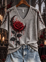 Women's Halloween Gothic Bloody Rose & Thorns Crescent Print short-sleeved T-shirt gracestitchs