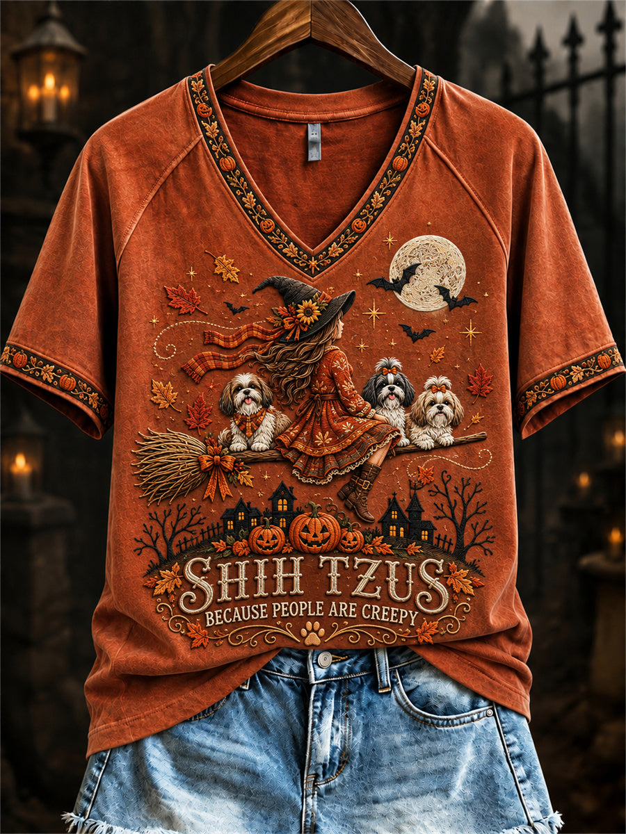 Women's Shih Tzus Because People Are Creepy Fall Witch & Dogs Print short-sleeved T-shirt gracestitchs