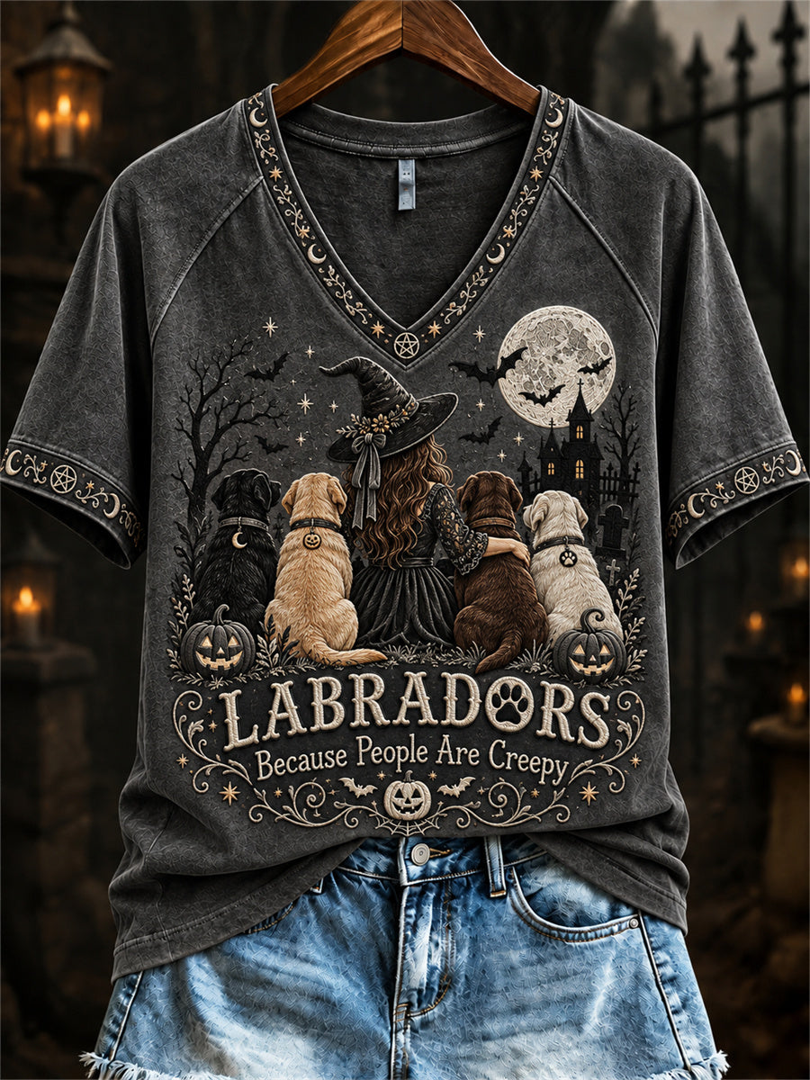 Women's Labradors Because People Are Creepy Halloween Witch & Dogs Print short-sleeved T-shirt gracestitchs